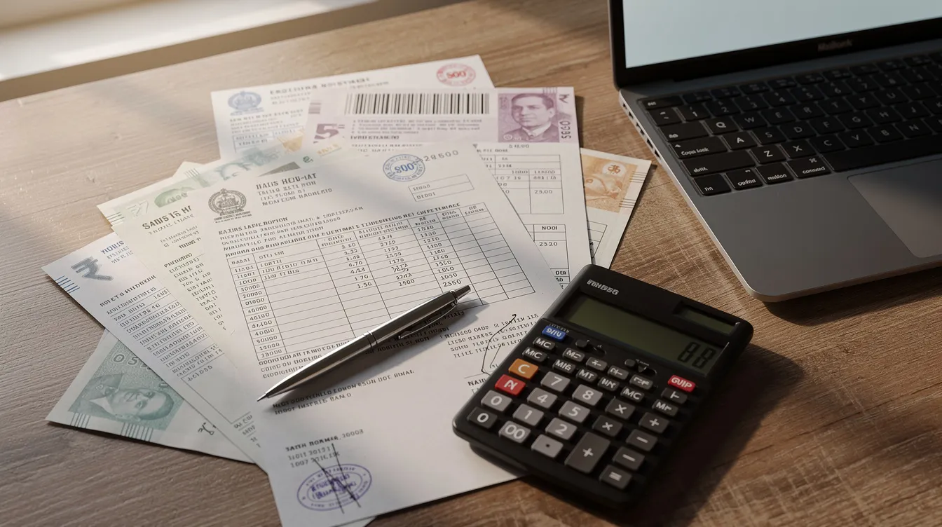 5d0a4ef3 7bc7 4b22 b4bd 6be9d10c1093 The image depicts a desk cluttered with Indian financial documents, a calculator, and a pen, all positioned next to a laptop. This setup suggests a focus on managing cash flow and performing financial analysis related to working capital, highlighting the importance of understanding a company's current assets and liabilities for short-term financial health.