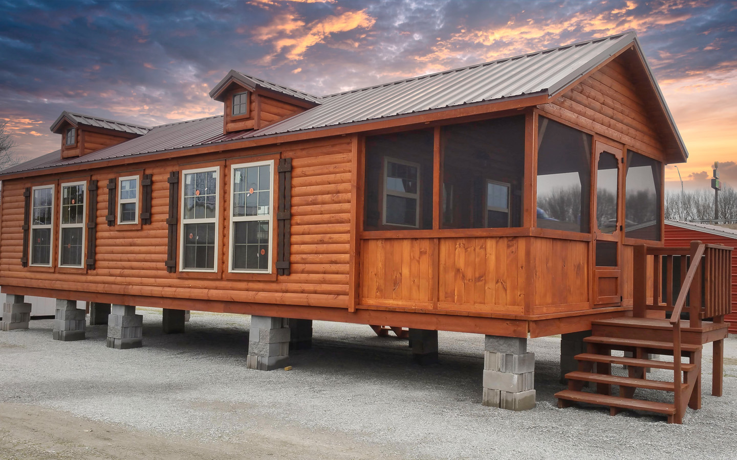 lincoln cabin, split log siding, screened in porch