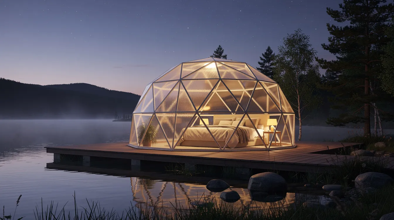 A geodesic polycarbonate dome tent, glowing warmly from within, is perched on a wooden platform overlooking a serene lake at twilight. This luxurious glamping tent features transparent roof panels, allowing for stargazing while providing a cozy living space for guests.