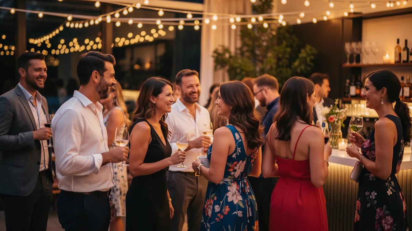 A diverse group of people is mingling at a social event, engaging in lively conversations and forming healthy connections. This scene illustrates the importance of maintaining healthy relationships and emotional health through mutual respect and self-awareness.