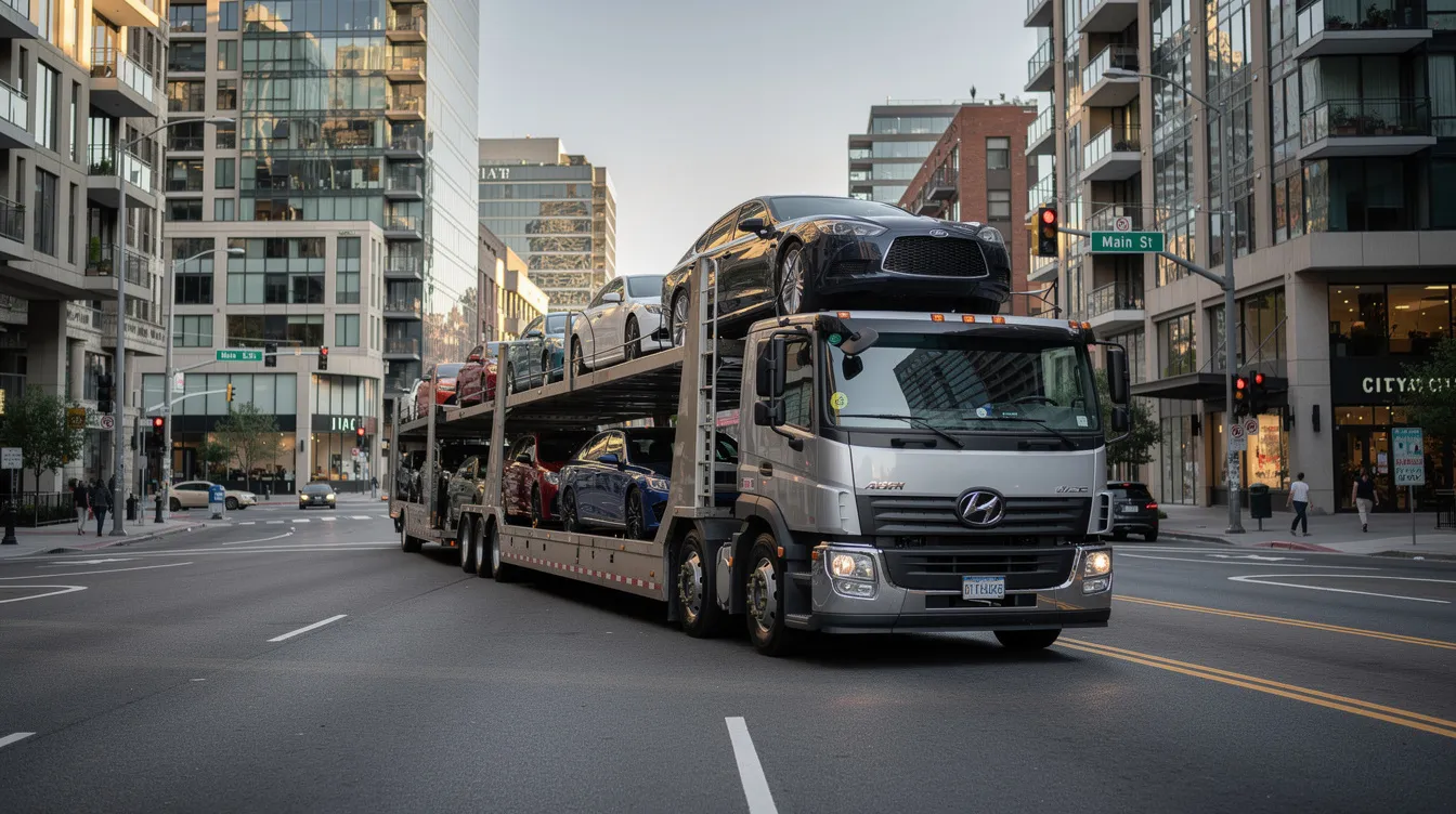 A car carrier truck is parked on a wide avenue in an urban setting, showcasing its capability to transport multiple vehicles. This scene reflects the essential role of auto transport companies in facilitating car shipping services in New York.