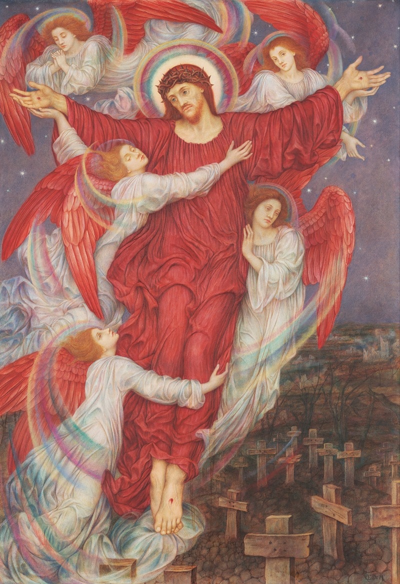 Christ surrounded by angels above a graveyard with robes the color of a red apple.