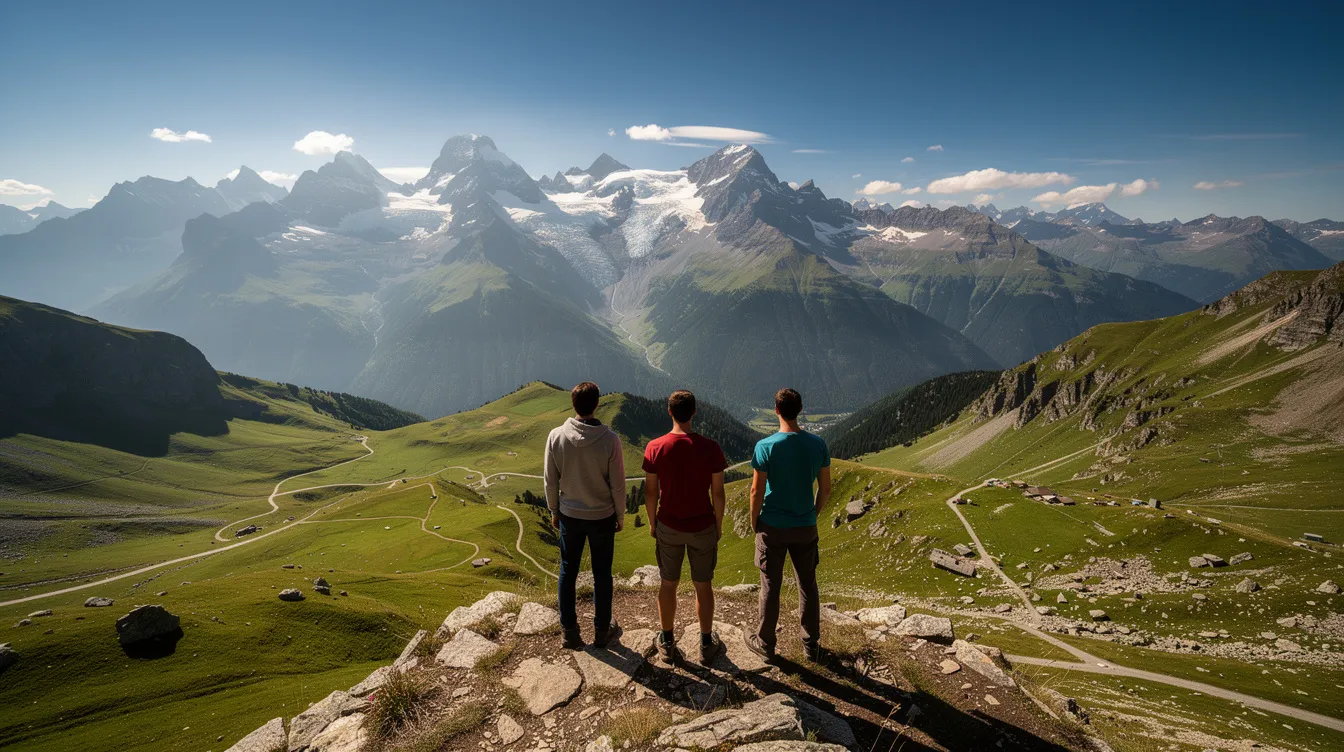 Drei junge Männer stehen auf einem Berggipfel und genießen den weiten Blick über ein grünes Hochtal, während schneebedeckte Gipfel am Horizont zu sehen sind. Diese Szene erinnert an die Freundschaft und Abenteuerlust, wie sie in dem Film "3 Idiots" dargestellt werden.