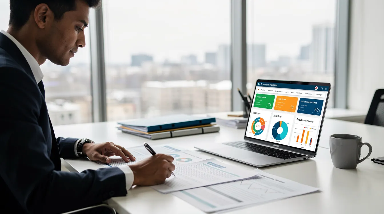 A professional is seated at a desk, intently reviewing compliance documents while a laptop displays colorful data visualizations related to AI initiatives and business outcomes. The scene highlights the integration of AI tools in enhancing operational efficiency and measuring AI impact within the organization.