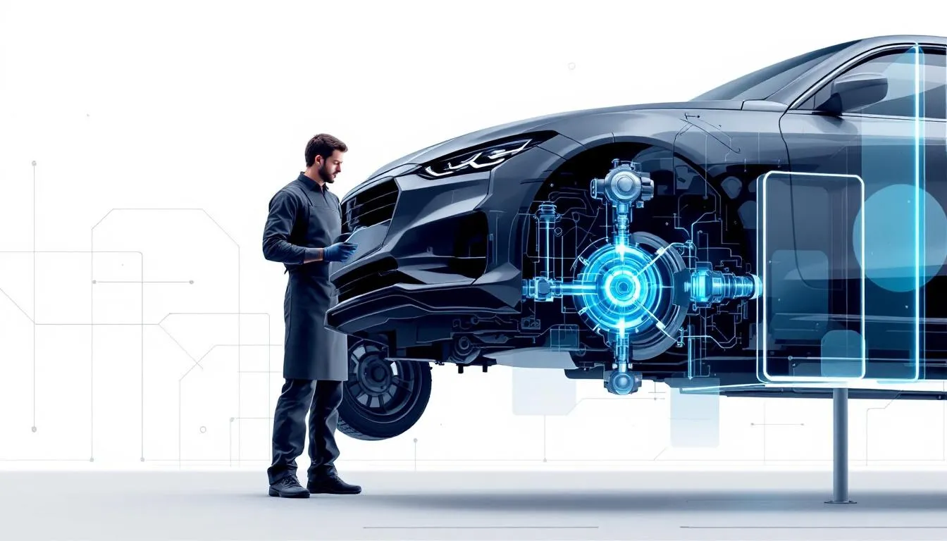 An image showing a mechanic inspecting a vehicle's drivetrain.