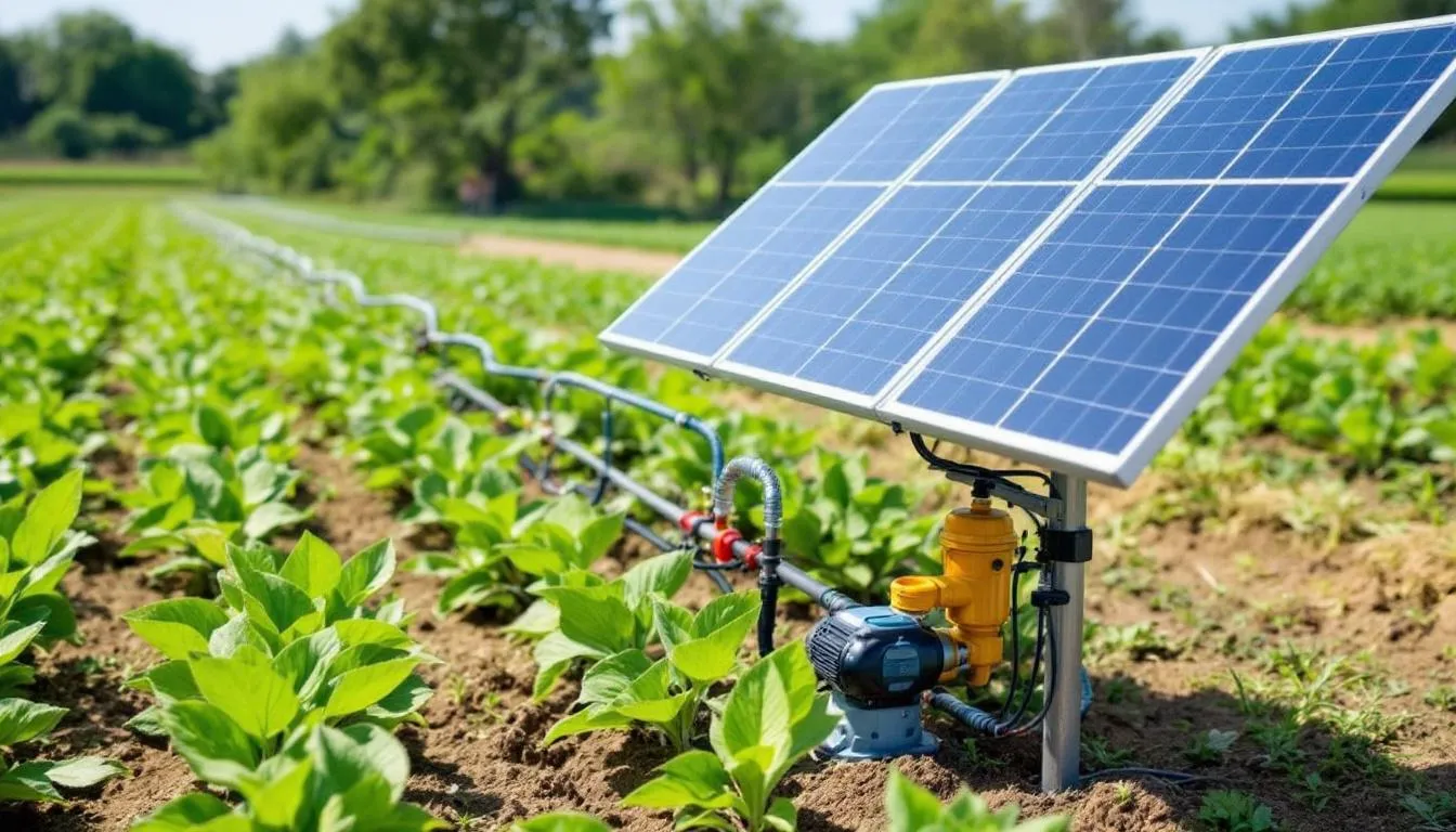 The image depicts an agricultural solar pump installation, showcasing a flourishing field of crops alongside an efficient solar water pump system. Solar panels are prominently featured, illustrating the economic benefits of using solar power for reliable operation and effective water distribution in farming.