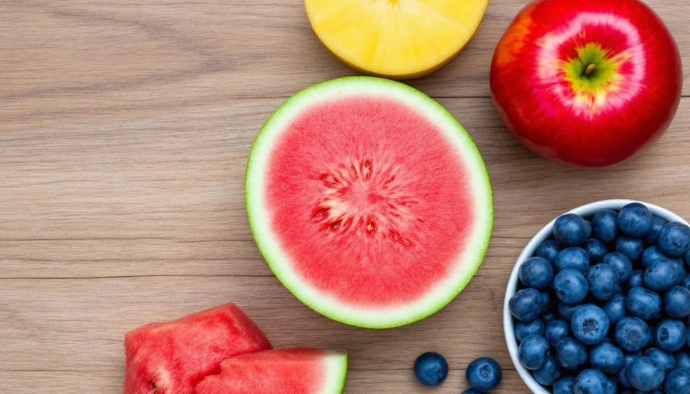 A colorful assortment of dog-safe fruits, including juicy watermelon, crisp apples, and plump blueberries, is beautifully arranged on a table, highlighting healthy snack options for dogs. These fruits are not only refreshing and hydrating treats but also safe for dogs to eat, making them a tasty addition to a dog