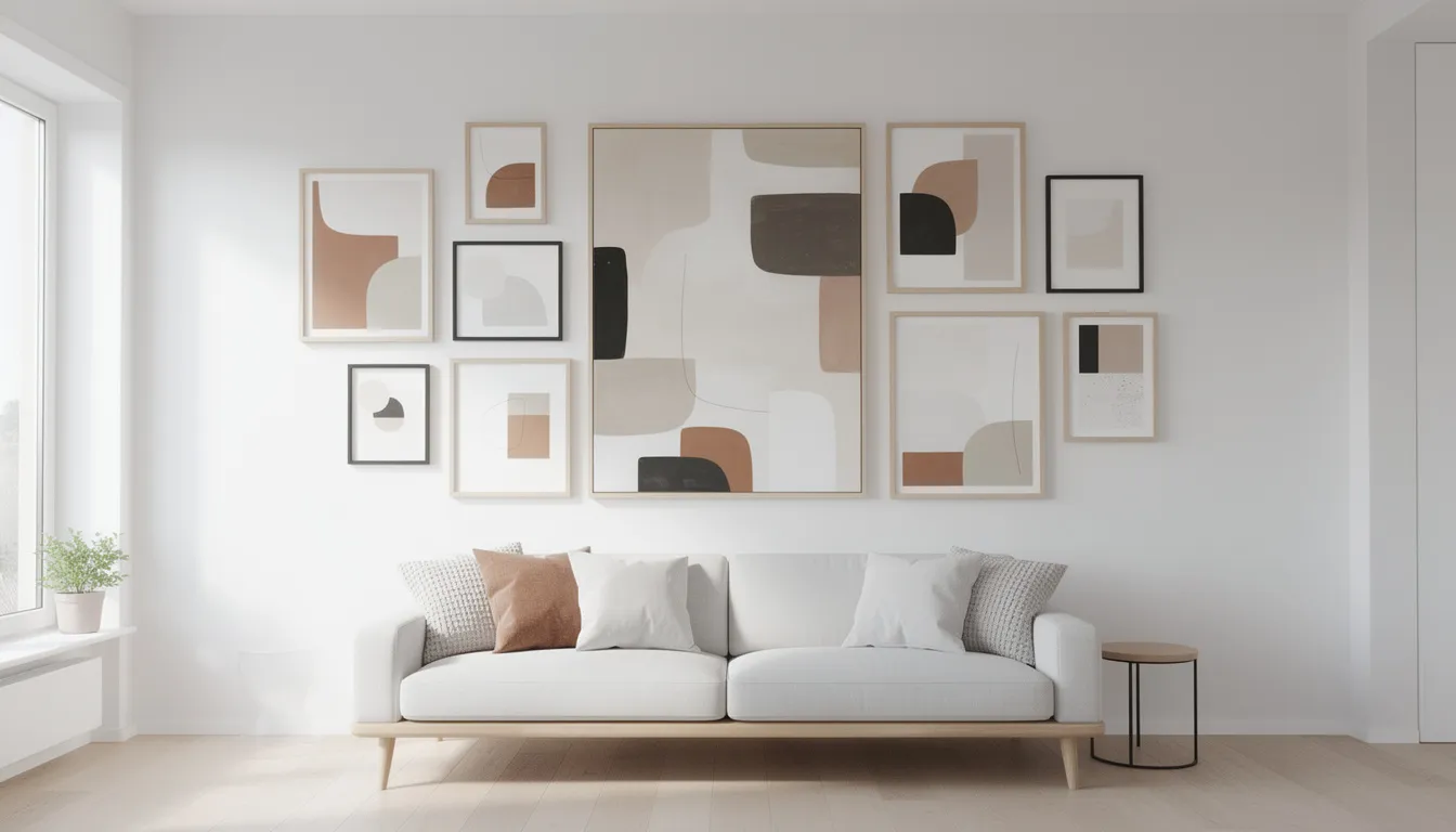 En vägg i galleri-stil pryds av en stor canvastavla och flera inramade konstverk som speglar företagets värderingar. Dessa moderna tavlor till kontoret, med inspirerande motiv och färger, skapar en kreativ arbetsmiljö för anställda.