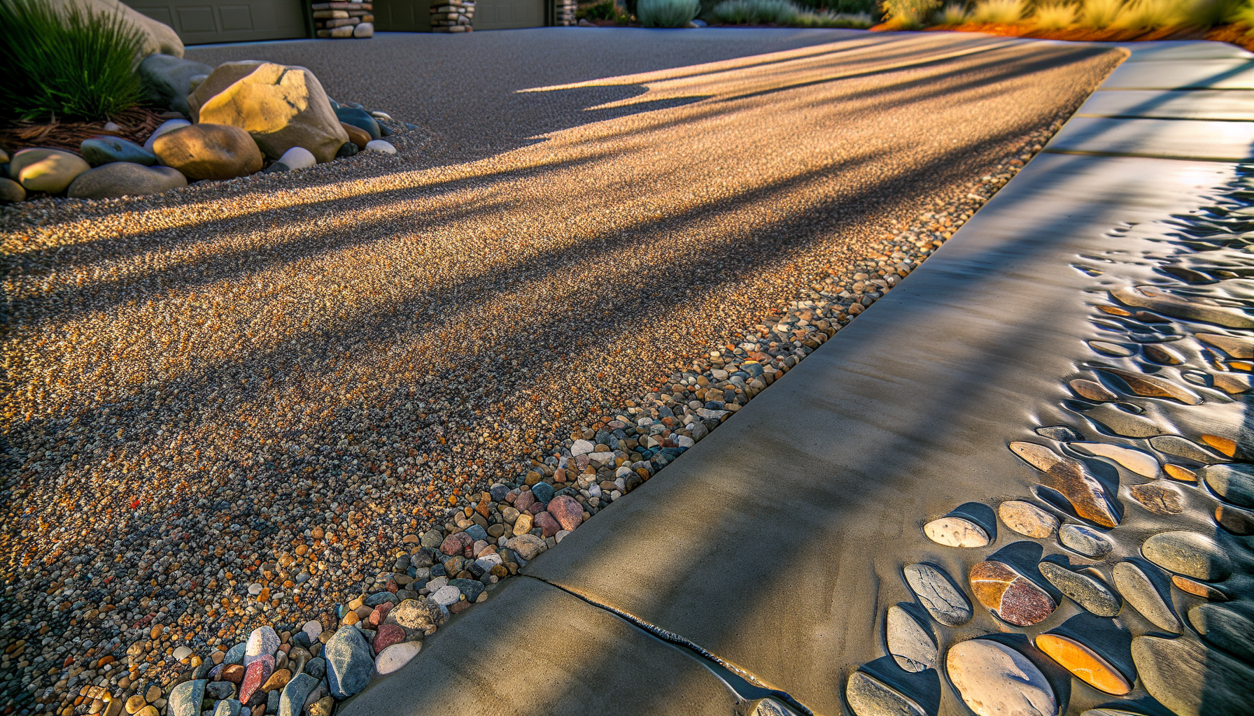Exposed aggregate concrete driveway with slip-resistant properties