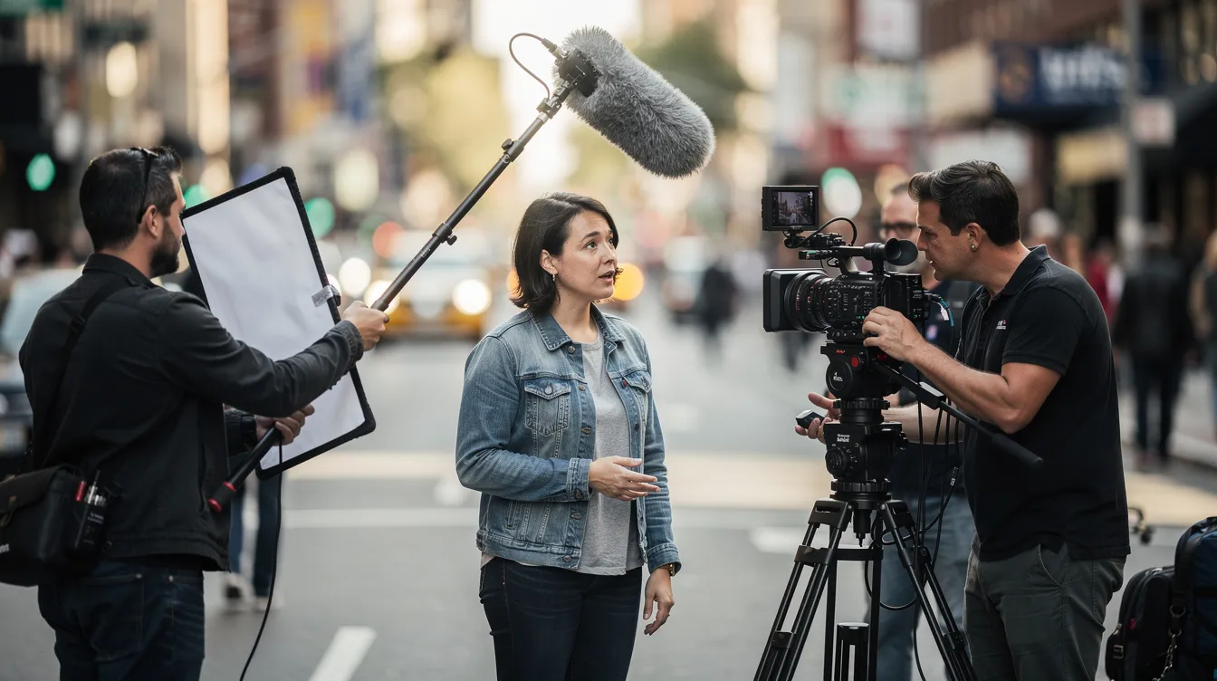 Eine Filmcrew führt eine Außenaufnahme auf einer belebten Straße durch, während eine Person eine Tonangel mit pelzigem Windschutz über einem Interviewpartner hält. Neben ihnen steht eine Kamera auf einem Stativ, bereit für Videoaufnahmen.
