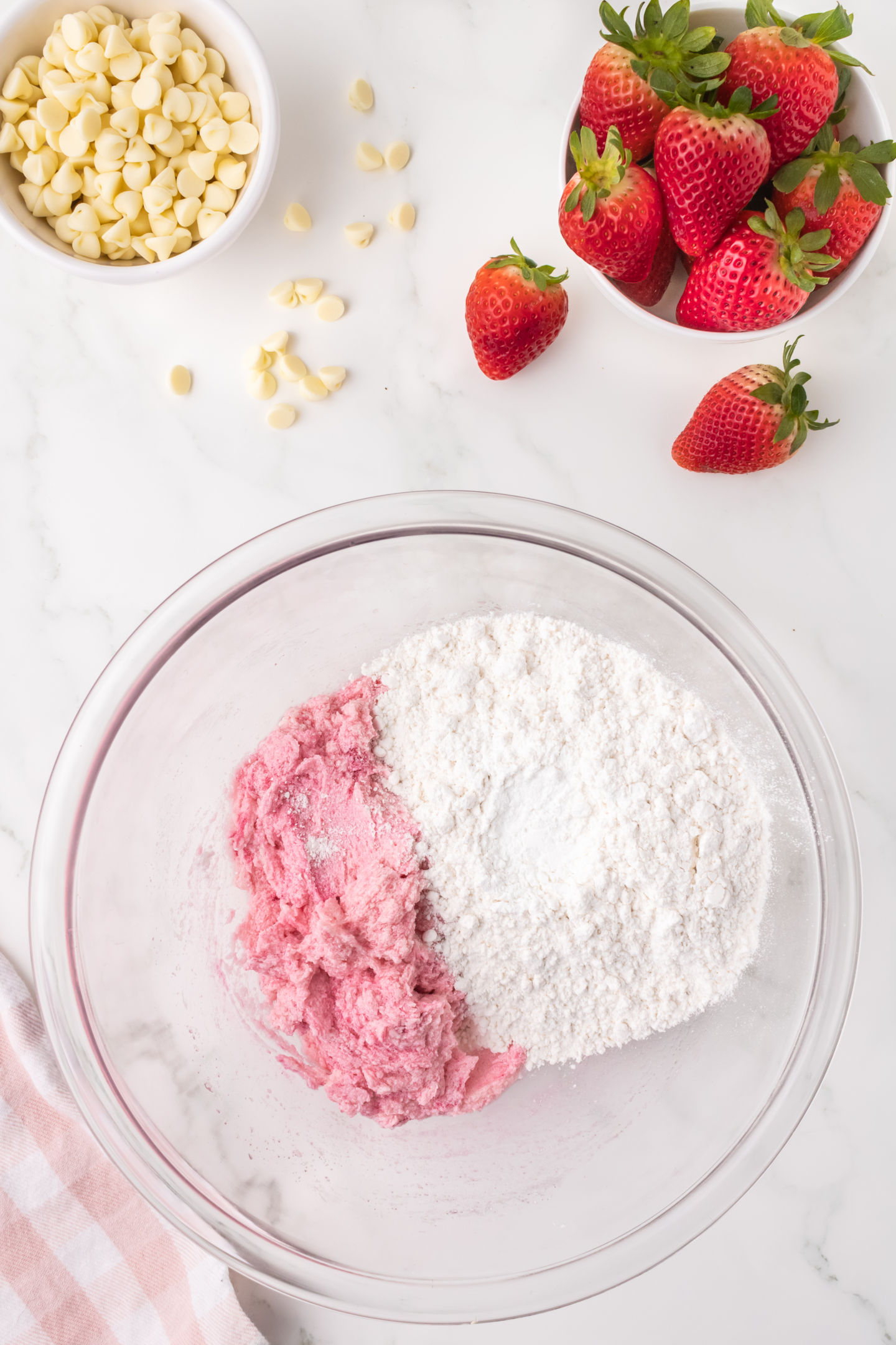 flour, baking powder, added to pink strawberry cookie dough