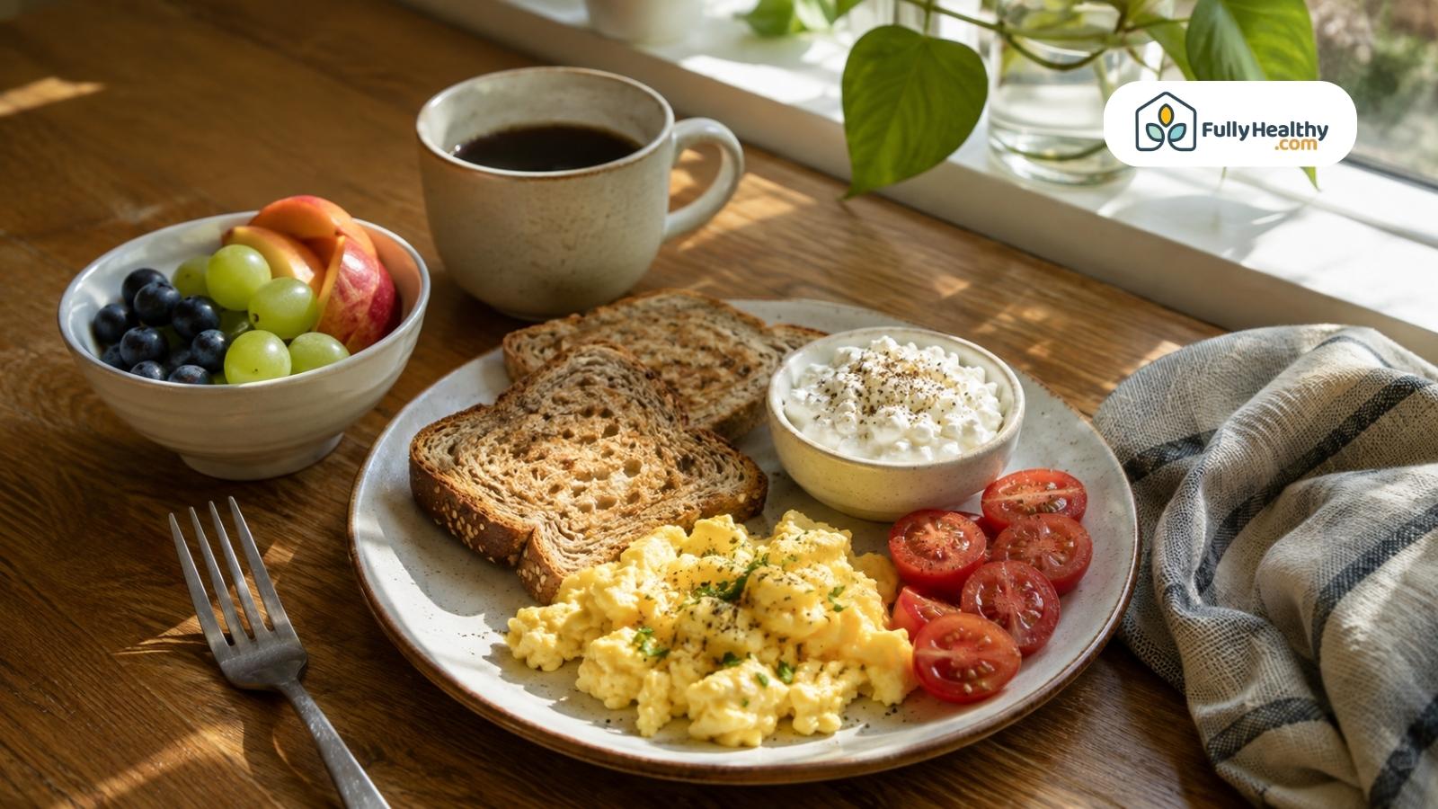 Scrambled eggs with whole grain toast, tomatoes, cottage cheese, fruit, and coffee
