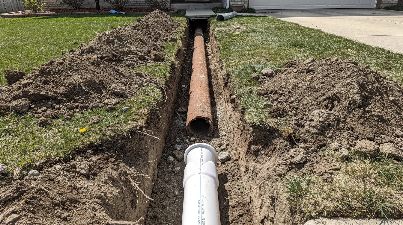 The image shows an excavated trench in a residential front yard, revealing an old clay sewer pipe alongside a new white PVC pipe, indicating ongoing sewer line repairs. The exposed pipes highlight the need for proper sewer line replacement to prevent sewage backups and address existing sewer line issues.