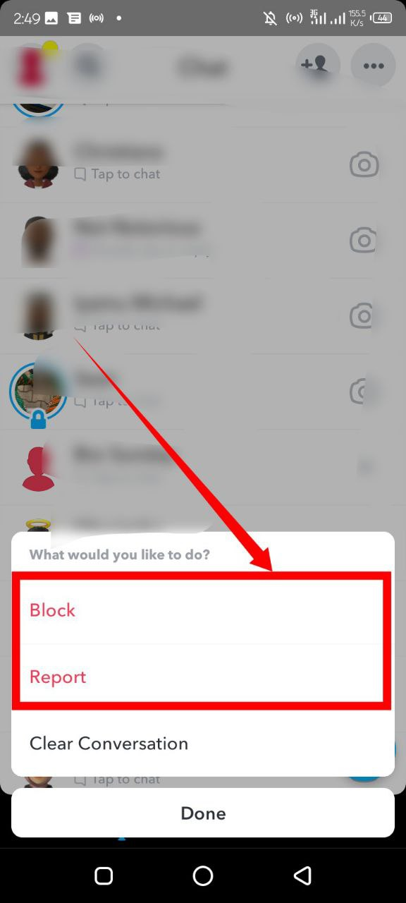Screenshot indicating the block and report options on Snapchat