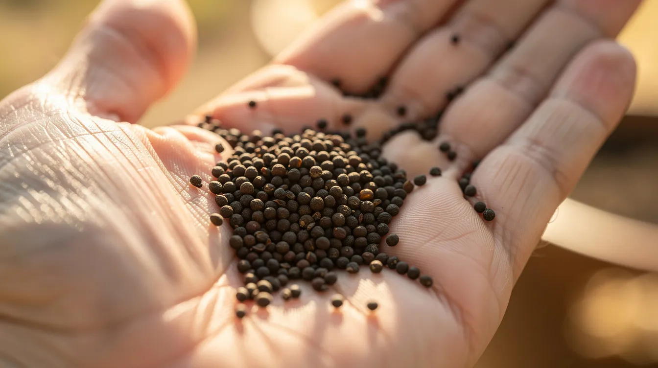 A close-up photograph captures a person's open palm filled with dozens of tiny dark mustard seeds, symbolizing humble beginnings and the growth of the kingdom of God, set against a bright, sunlit background. This image evokes the parable of the mustard seed, illustrating how something small can lead to great things in life and faith.