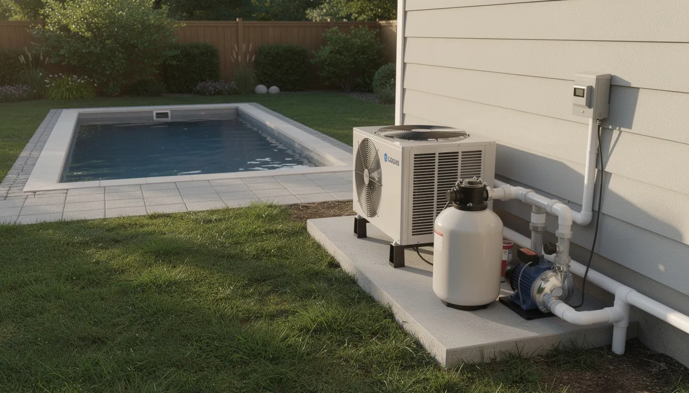 The image depicts a heat pump installed in a designated area for pool equipment, set away from the pool itself. This heat pump, a cost-effective and energy-efficient heating solution, is designed to maintain a consistent temperature for the swimming pool, utilizing ambient air to heat the water efficiently.
