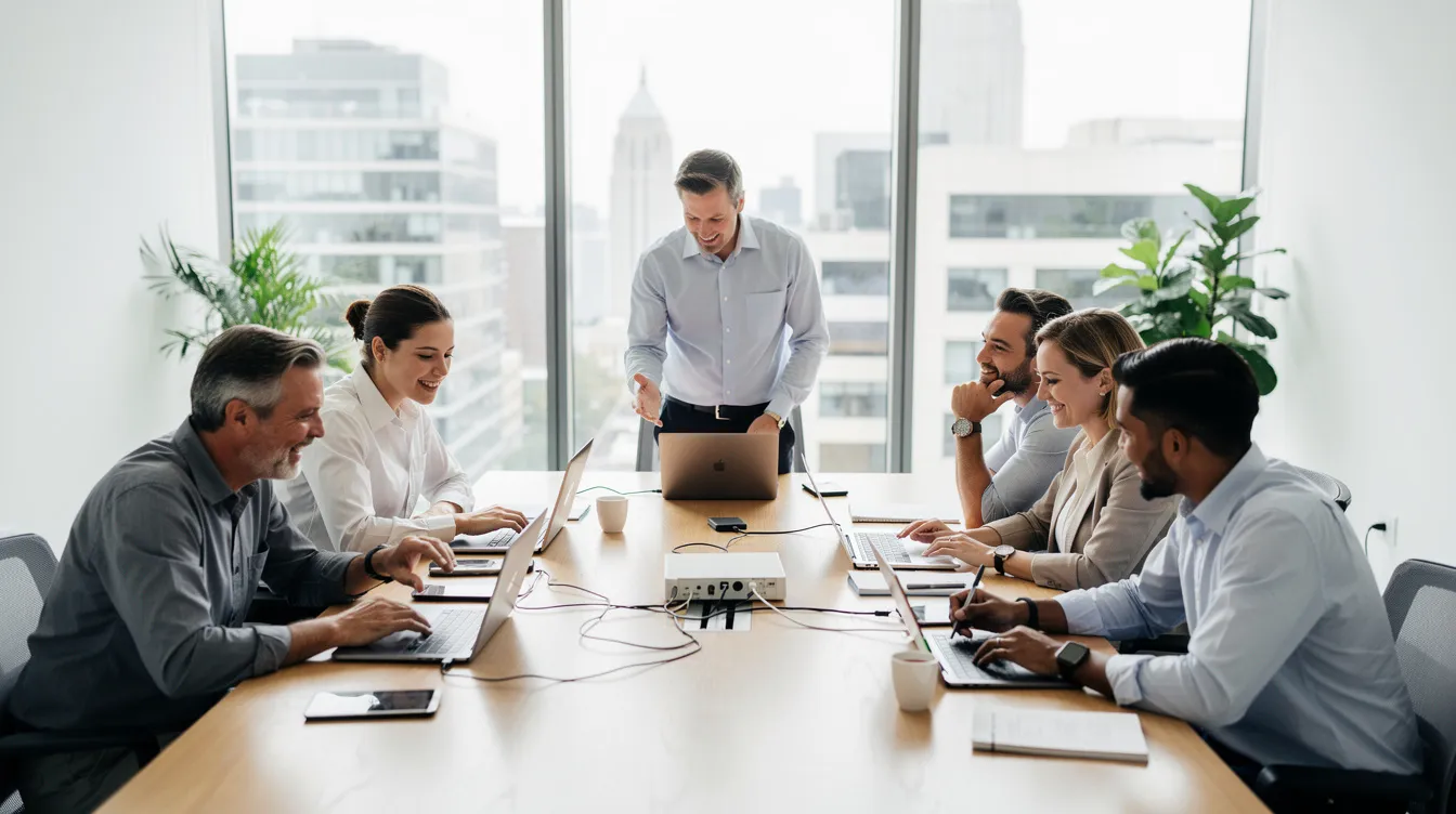 A diverse team of digital marketers collaborates around a large table filled with laptops, tablets, and smartphones in a bright, modern office. They are focused on developing effective digital marketing strategies and analyzing marketing analytics to enhance their campaigns.