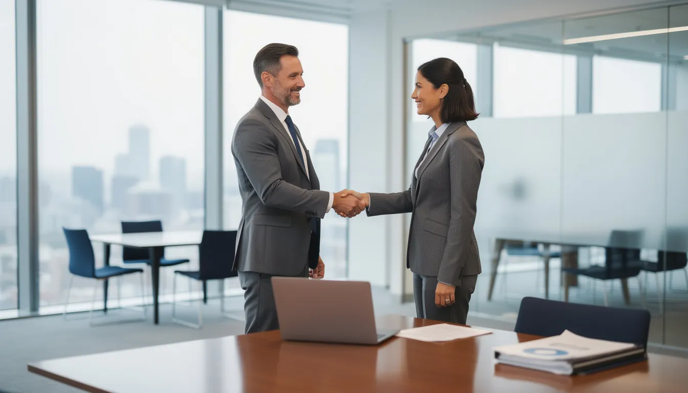 The image depicts two business professionals in an office setting, engaged in a handshake, symbolizing a successful partnership, possibly related to private investment funds or private equity. The atmosphere reflects a collaborative spirit, essential for investment management and fund formation discussions.