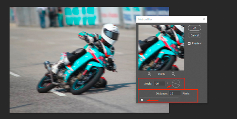 Adjusting the motion blur "Angle" and "Distance" parameters in Photoshop