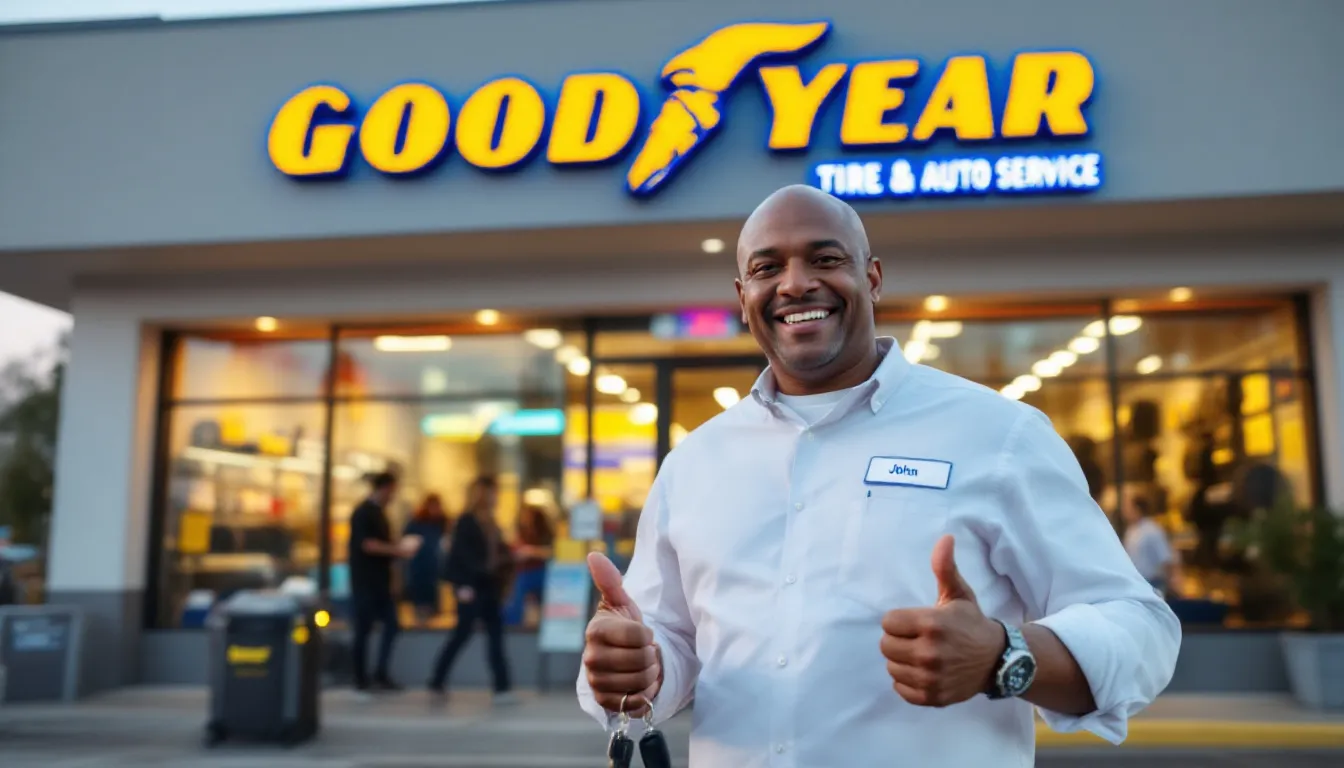 A small business owner stands proudly in front of their newly owned Goodyear franchise, showcasing the established brand's signage and tire display details. The image reflects the excitement of entering the auto service industry, highlighting the potential for long-term success and great customer satisfaction.