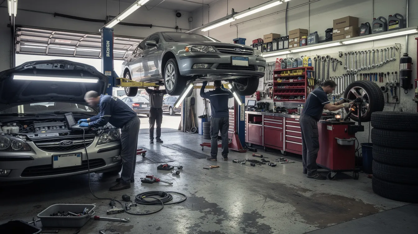 The image depicts a busy auto repair garage where mechanics are actively working on various vehicles, showcasing a dynamic environment focused on vehicle maintenance and repair. This setting highlights the importance of having the right insurance coverage for auto businesses, ensuring they are protected against potential risks and can make informed decisions during their annual insurance review.