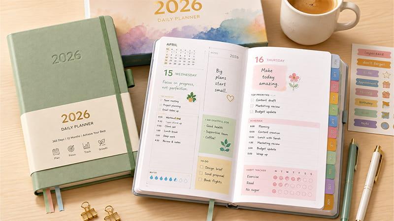 Birthday notebook and pen sets with monthly planners, color-coded covers, and writing accessories