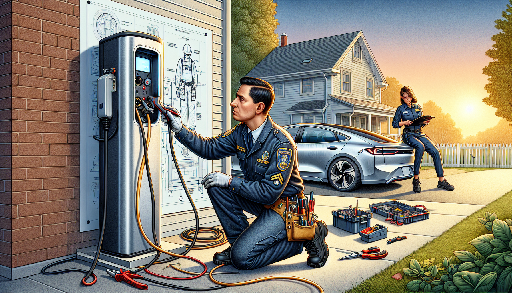 Illustration of a certified electrician installing a dedicated EV charger