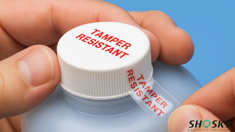Tamper-resistant label being removed from medicine bottle