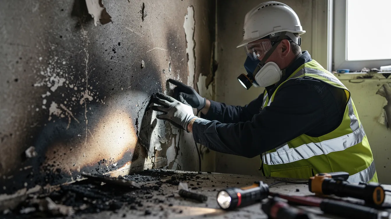 A technician in protective clothing, including rubber gloves and a mask, is inspecting a smoke-stained wall for soot and smoke residue. The inspection aims to assess potential property damage and ensure safe cleanup from smoke odor and airborne particles.