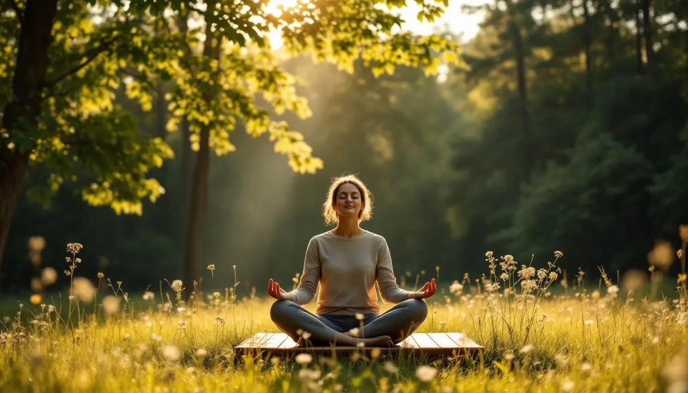 A person is meditating peacefully in a serene outdoor setting, surrounded by soft natural lighting that enhances the tranquil atmosphere. This scene promotes mental health and well-being, emphasizing the importance of magnesium and vitamin B6 for overall physical and mental health.