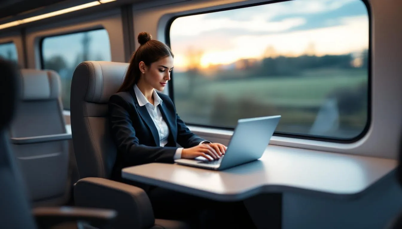 Un professionnel utilise un ordinateur portable dans un compartiment de train moderne, illustrant la portabilité et l'efficacité des ordinateurs haut de gamme pour les déplacements des commerciaux et consultants itinérants. L'environnement est lumineux et contemporain, mettant en avant l'utilisation d'outils informatiques pour le travail quotidien.