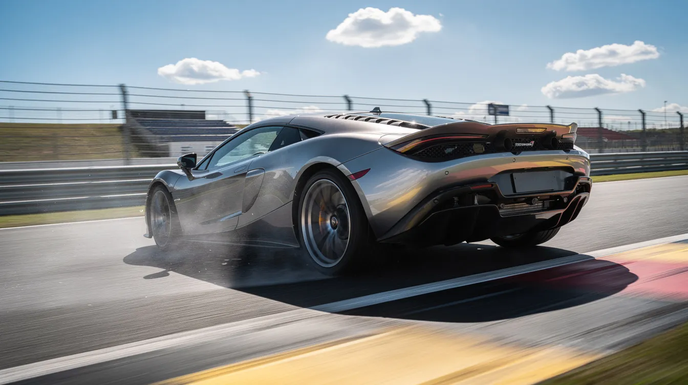 A sleek sports car races along a track, its shiny exterior reflecting the bright sunlight, symbolizing speed and precision. This image evokes the essence of high-performance marketing strategies that a digital marketing agency might employ to generate qualified leads and drive business growth.
