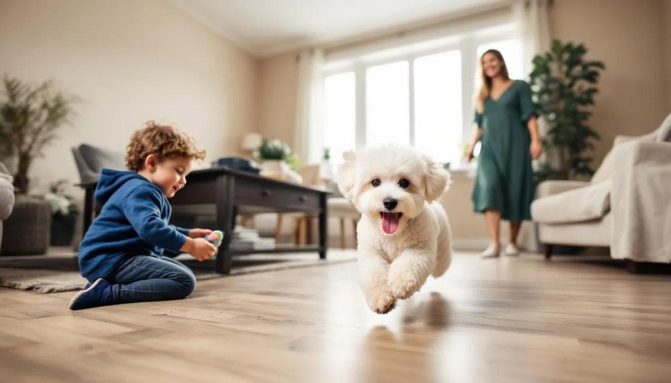 In a cozy living room, a playful toy poodle interacts joyfully with family members, showcasing its curly coat and energetic personality. The scene captures the essence of companionship, as the toy poodle enjoys quality time with its loved ones.