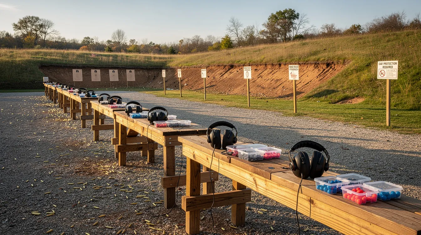 The image depicts a rural outdoor shooting range featuring several benches for shooters and ear protection equipment available for use. This setting emphasizes gun safety and responsible firearm handling, important aspects of Kentucky's gun laws and concealed carry permitting requirements.