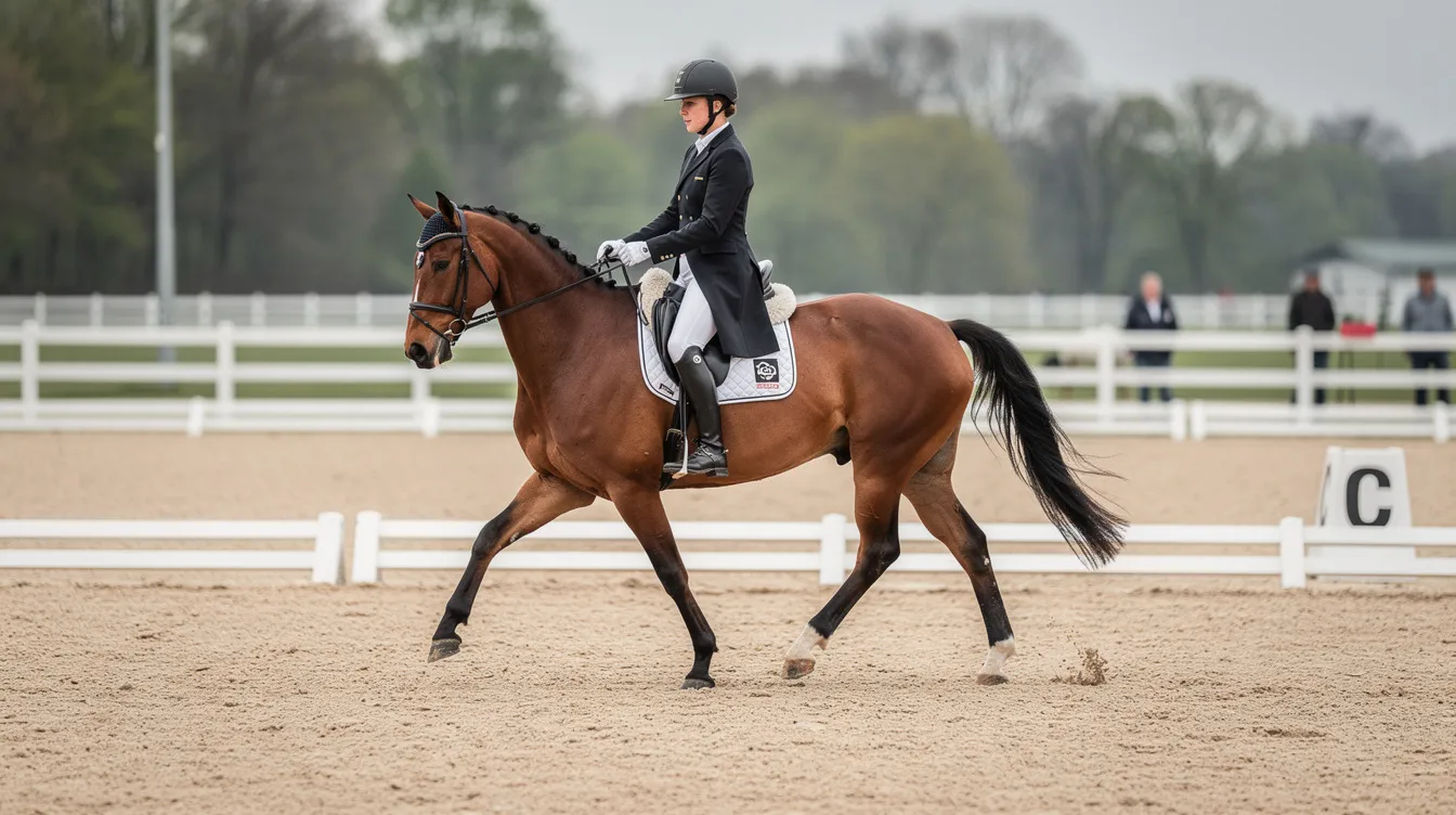 A horse and rider are engaged in trot work within a dressage arena, surrounded by a white fence. The horse's movement reflects the principles of dressage training, showcasing a steady rhythm and balance essential for the correct development of advanced movements.
