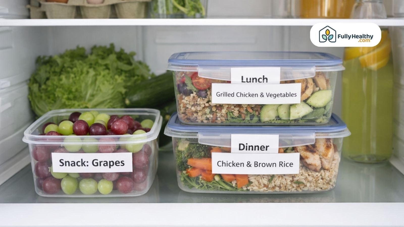 Meal-prepped fridge with grapes chicken and vegetables in containers