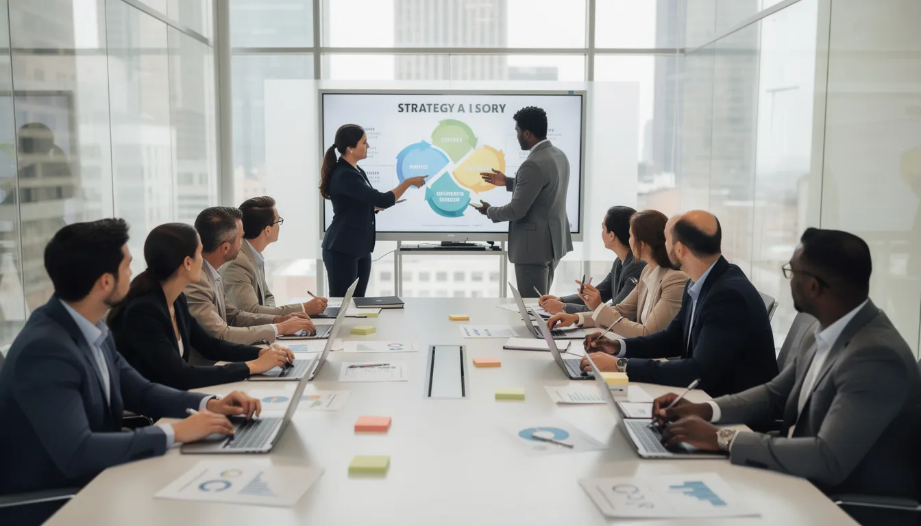 A diverse group of business professionals is engaged in a strategic planning session, collaborating to enhance their leadership skills and drive business success. This meeting emphasizes leadership development and the importance of effective team performance in navigating new challenges and achieving organizational goals.