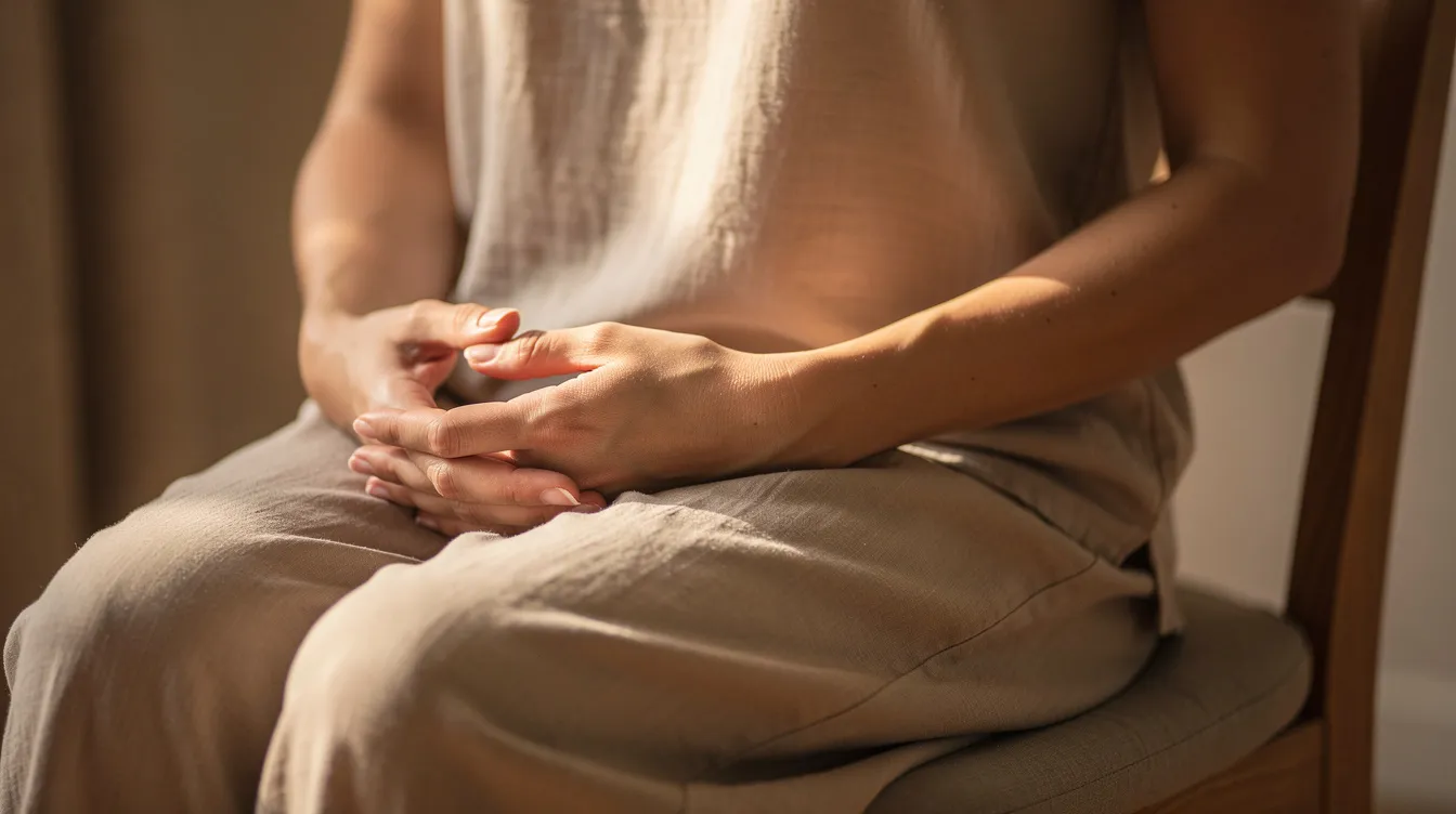 Bildet viser rolige hender som hviler i fanget, med fokus på pust og tilstedeværelse. Dette kan symbolisere viktigheten av å ta seg tid til hvile og behandling av utbrenthet, spesielt i møte med langvarig stress og fysiske plager.