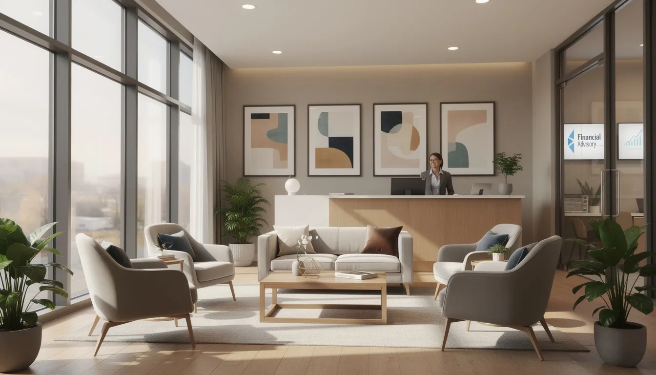 The image depicts a warm and inviting financial office, featuring comfortable seating and ample natural light, ideal for clients discussing their retirement income planning and investment strategies. This welcoming environment encourages individuals to make informed decisions about their retirement goals and financial future.