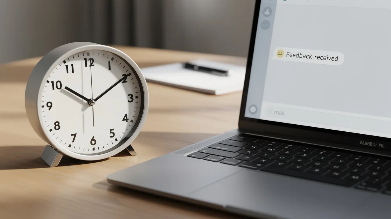 The image shows a clock on a desk next to a laptop, symbolizing the importance of timely feedback delivery in the learning process. This visual emphasizes the role of effective report card comments in supporting student progress and promoting a positive attitude towards classroom activities.