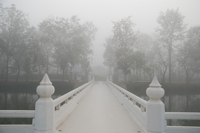 meditation, lake, buddhist bridge with white mist