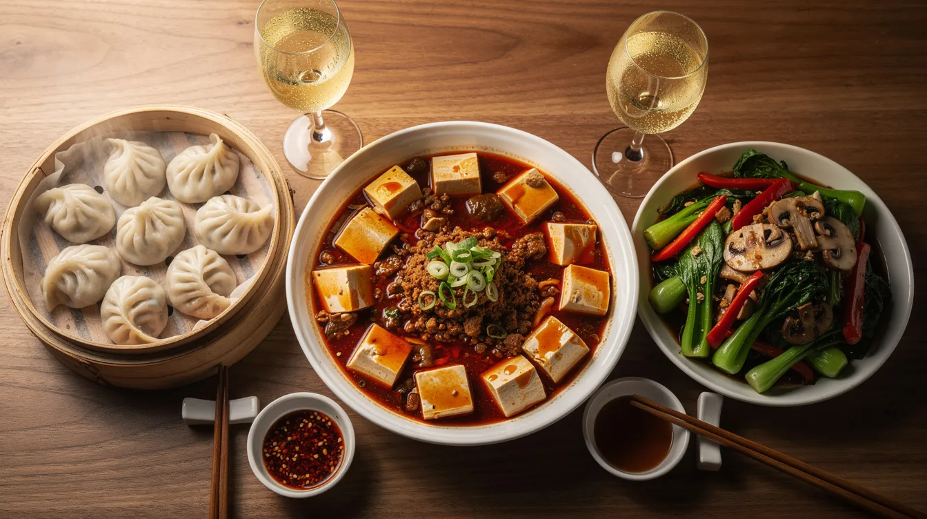 The image features a vibrant spread of Sichuan dishes, including mapo tofu, dumplings, and stir-fried vegetables, arranged on a rustic wooden table. Two glasses of off-dry Riesling sit nearby, suggesting a delightful wine pairing for the spicy and complex flavors of the meal.