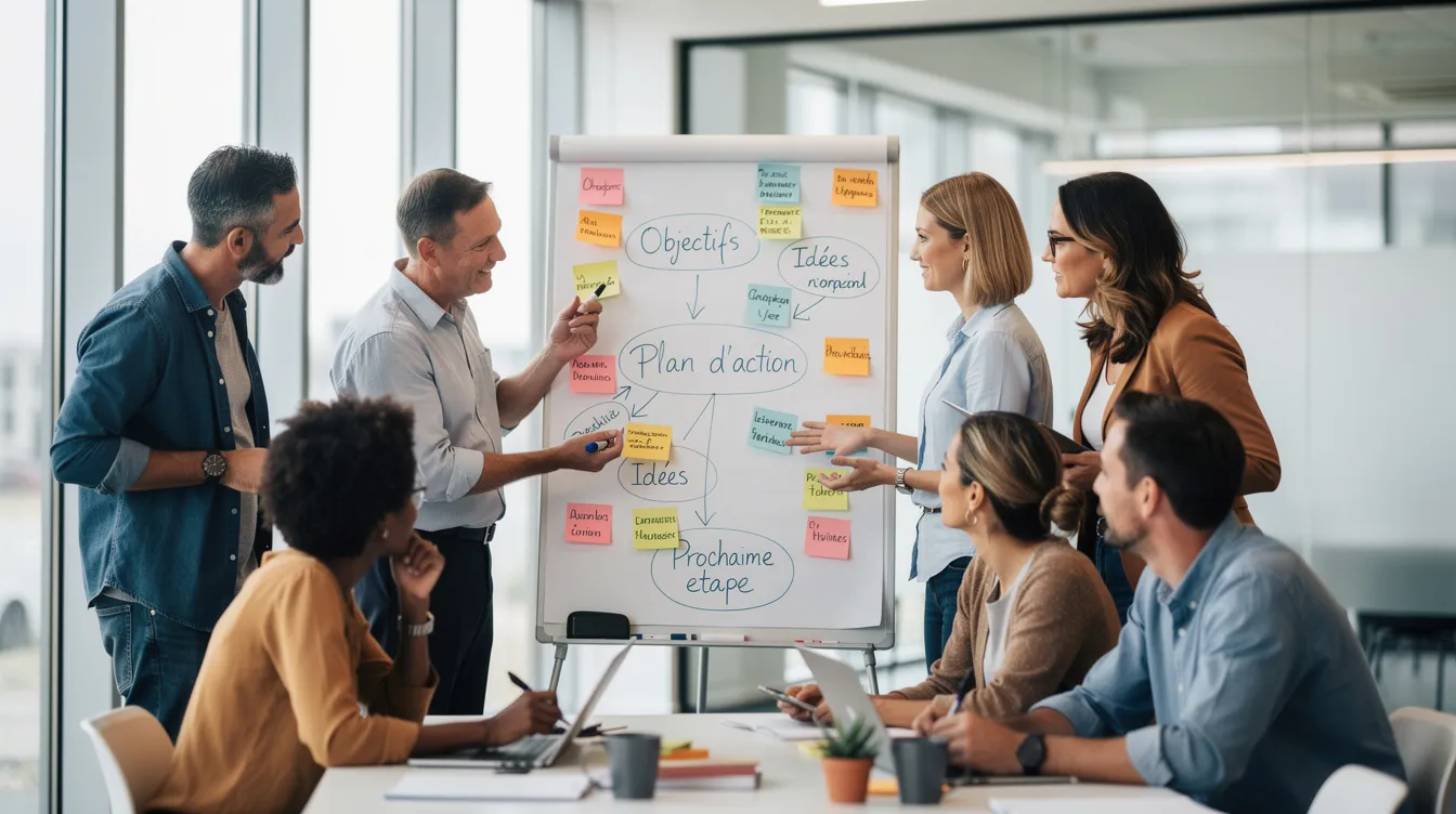 Une équipe est réunie autour d'un tableau blanc lors d'un atelier collaboratif, échangeant des idées et des points de vue pour prendre des décisions collectives. L'effet de groupe est palpable alors que les membres discutent et réfléchissent ensemble, influençant ainsi les comportements et les opinions de chacun.
