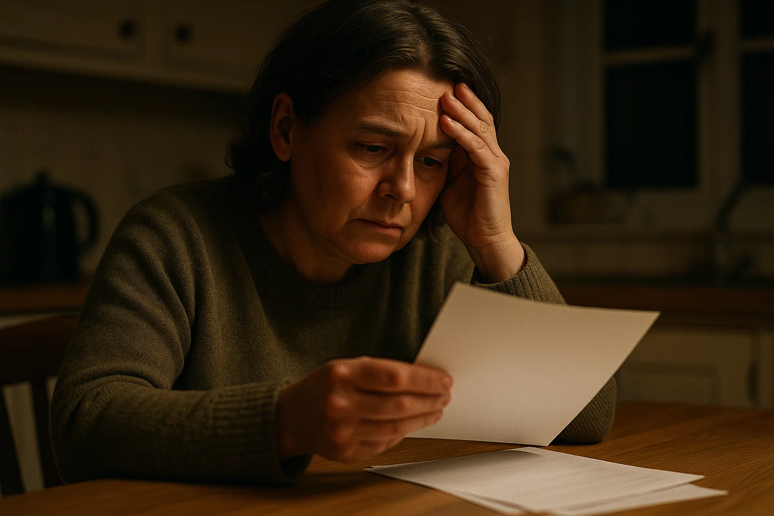 A worried person sitting at a kitchen table at night reviewing blank paperwork in a UK home.