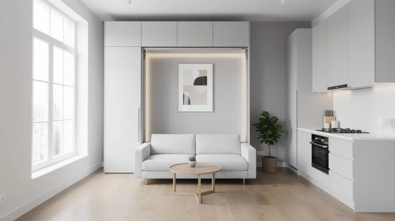 Nowoczesna kawalerka z jasnym wnętrzem, w której znajduje się elegancki półkotapczan, idealny do oszczędzania miejsca. Minimalistyczne wyposażenie, w tym stylowy fotel i praktyczne półki, tworzy przestrzeń sprzyjającą relaksowi i funkcjonalności.