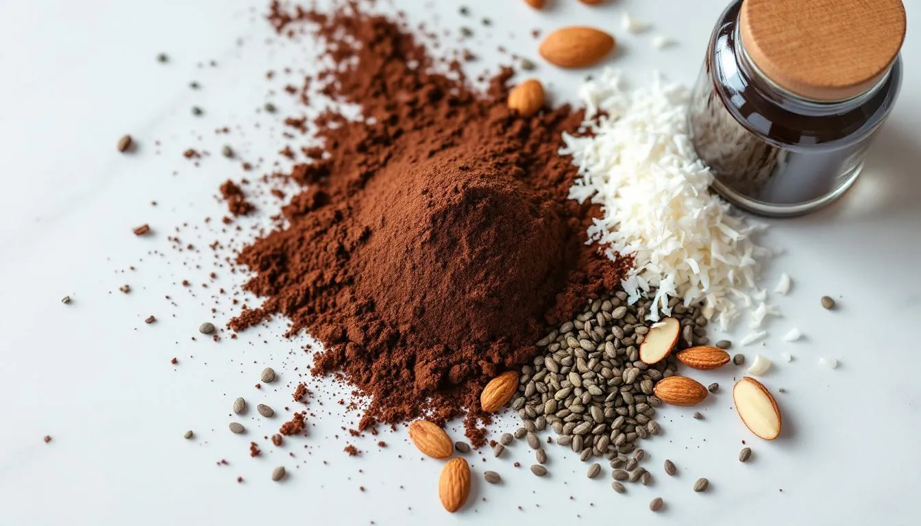 A variety of ingredients used to customize hemp power bites, including cocoa powder and vanilla extract.