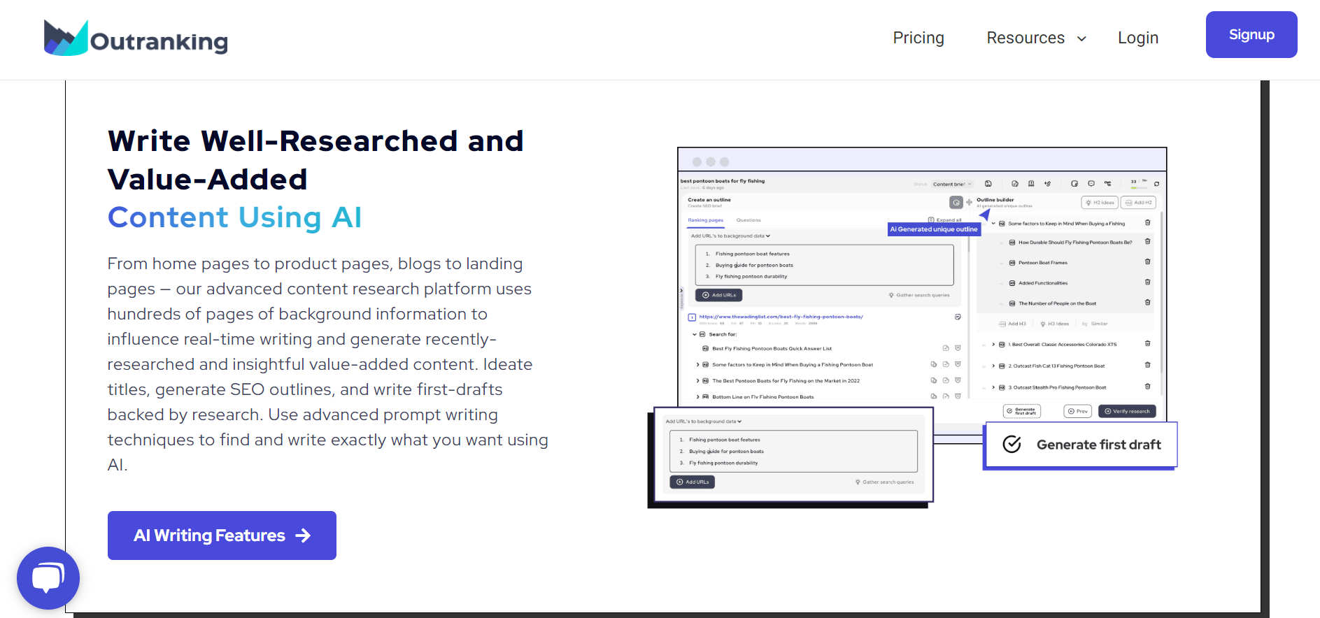 Outranking Landing Page - "Write Well-Researched and Value-Added Content Using AI" 