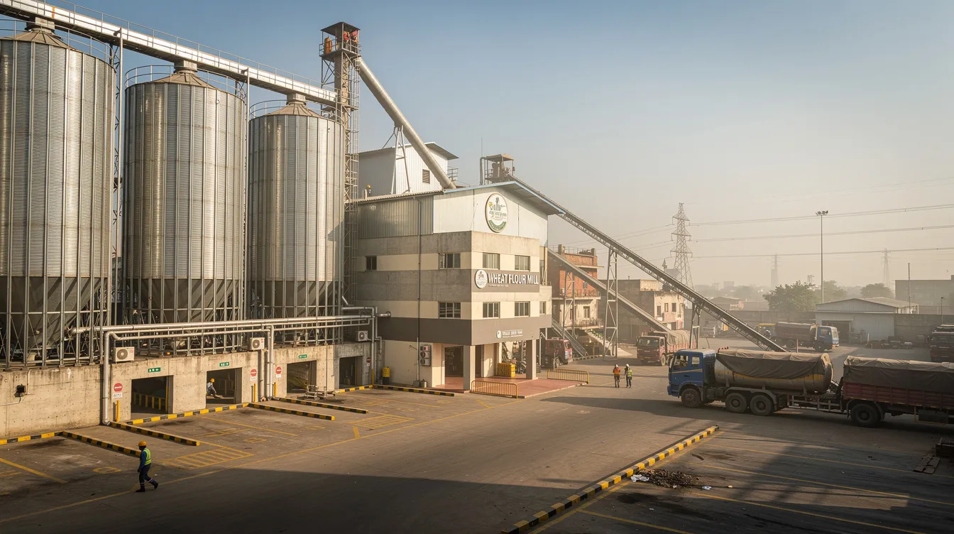 5d39caf3 939e 44da 8fba 74e614d96143 The image depicts an industrial wheat flour mill facility located in an Indian industrial estate, featuring large steel silos for raw material storage and a loading area designed for efficient distribution. This advanced roller flour mill plant utilizes premium quality mild steel and showcases the integration of food processing machines, highlighting the significant production capacity and automation level essential for meeting the demands of the wheat processing industry.
