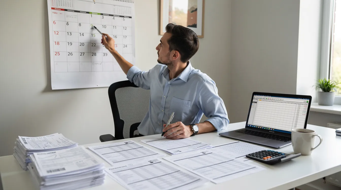 A person is seen checking a calendar alongside various financial documents, likely reviewing their company's financial health and preparing to file annual accounts with Companies House. The scene emphasizes the importance of good record keeping and staying compliant with filing deadlines for statutory accounts.