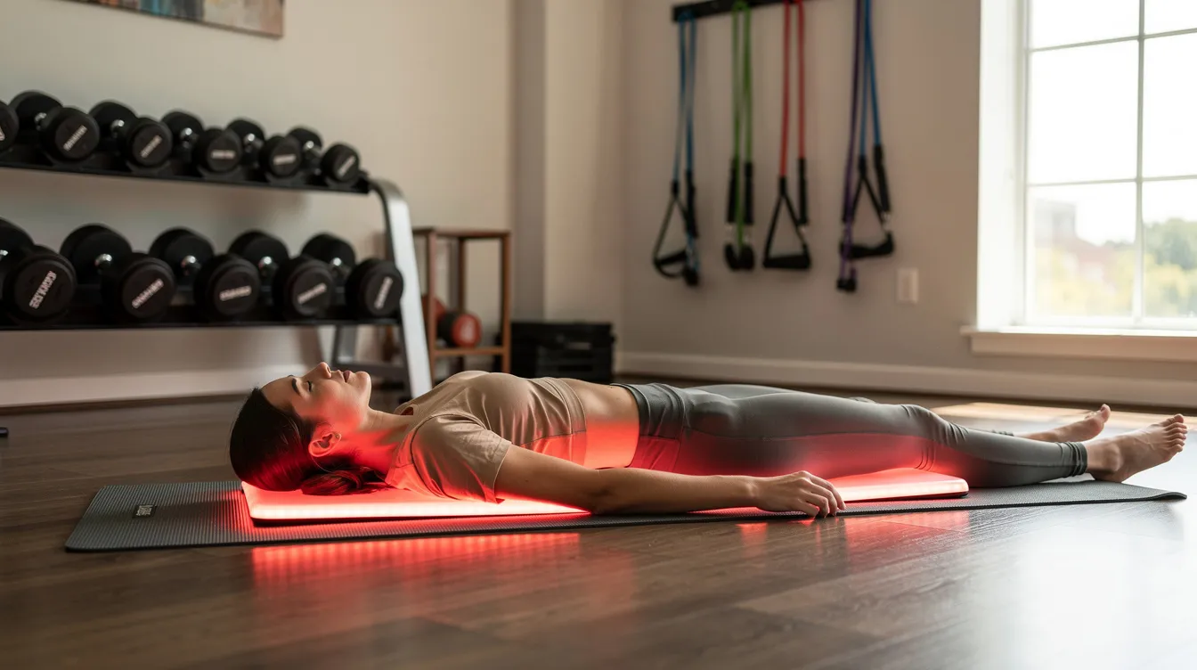 A person is relaxing on a red light therapy mat, which is placed on a yoga mat in a home gym, enjoying the benefits of body red light therapy for pain relief and muscle recovery. The mat utilizes dual wavelength technology to promote skin health and overall wellness during their therapy session.